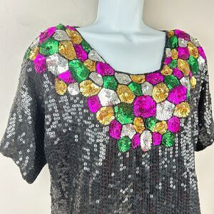 Cee Cee Vintage Evening Party Top 100% Black Silk Sequin Beaded Size L